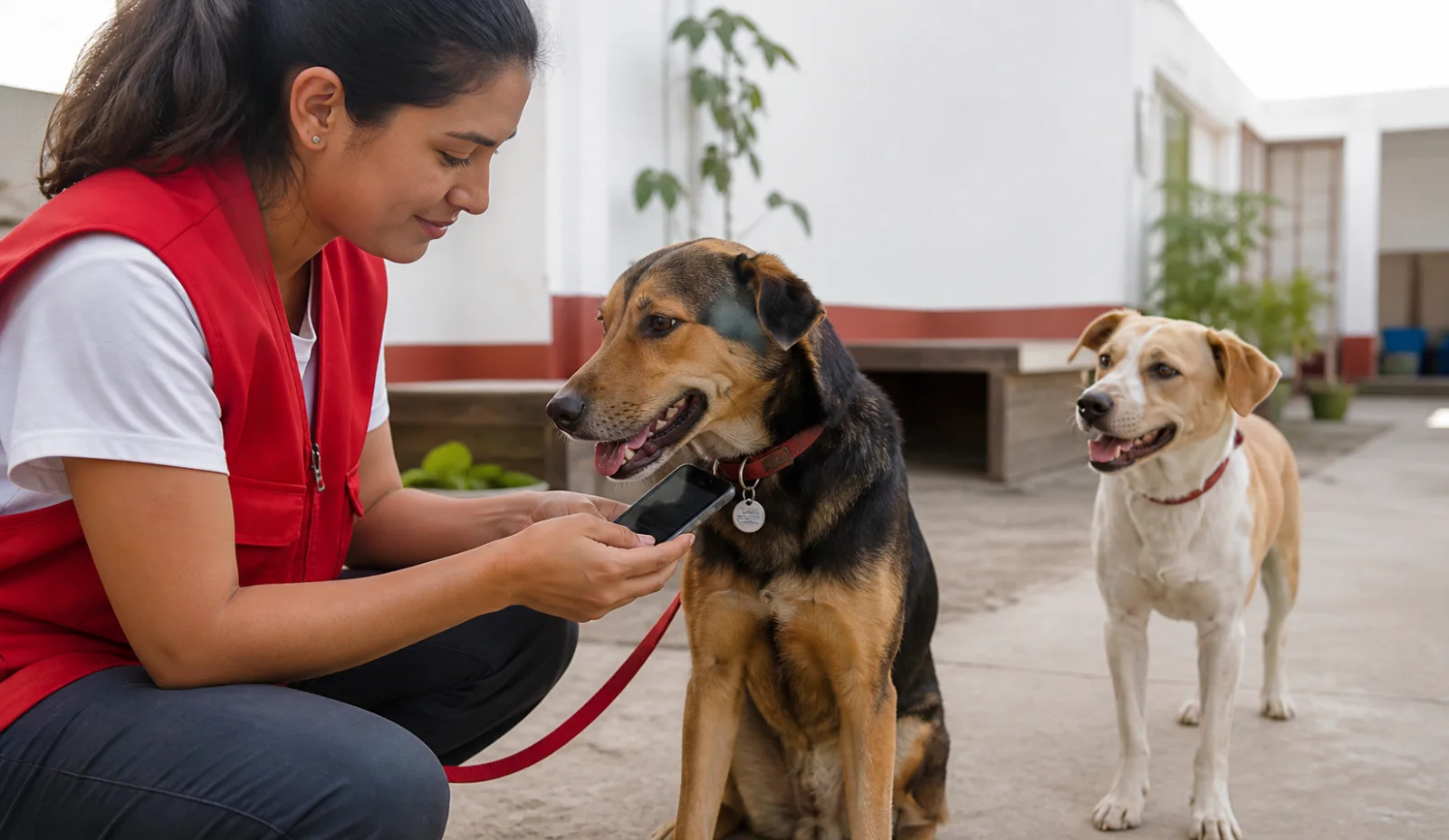 Voluntaria verificando la identificación de un perro rescatado