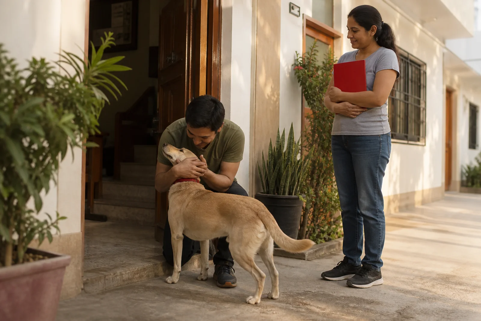 Perro encontrado reencontrándose con su familia en la puerta de casa