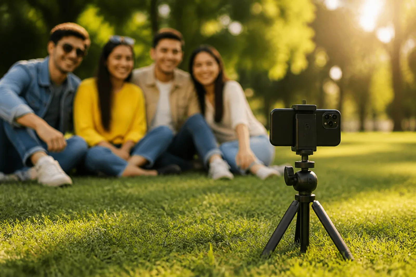 Teléfono sobre un trípode apuntando a un grupo de amigos en un parque