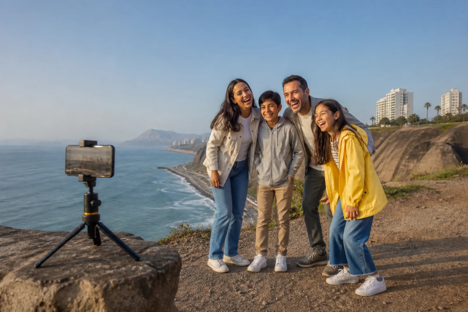 Familia tomándose una fotografía sin manos frente a la costa de Lima