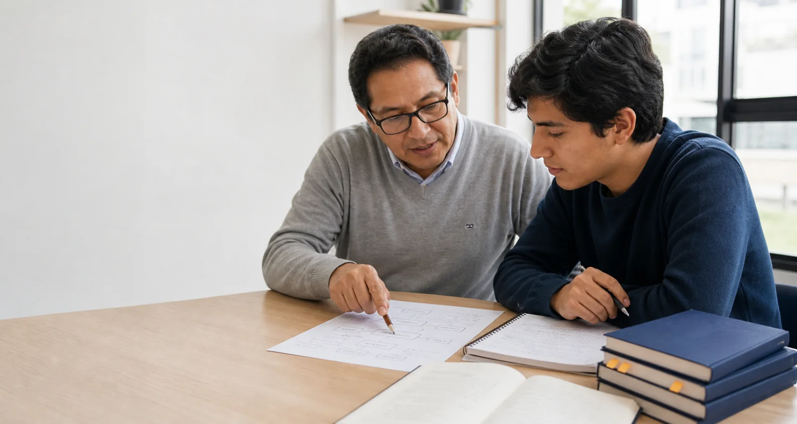 Docente y estudiante revisando juntos el siguiente paso de una investigación
