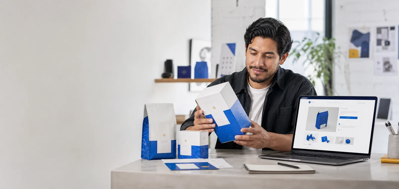 Emprendedor revisando el empaque y la tienda digital de su negocio