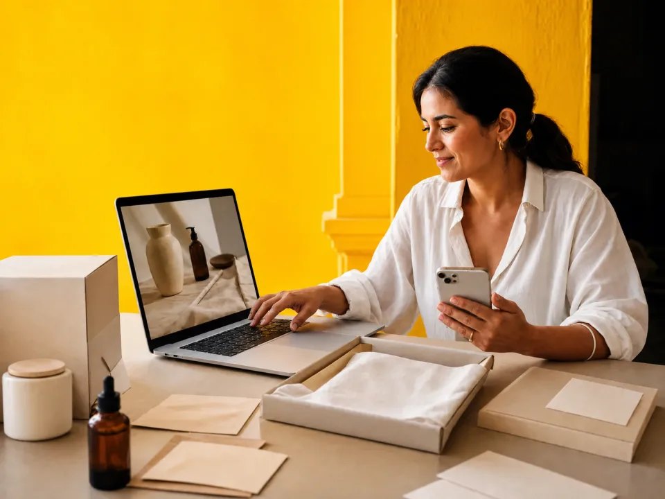 Emprendedora trabajando en su laptop junto a sus productos, sobre un fondo amarillo