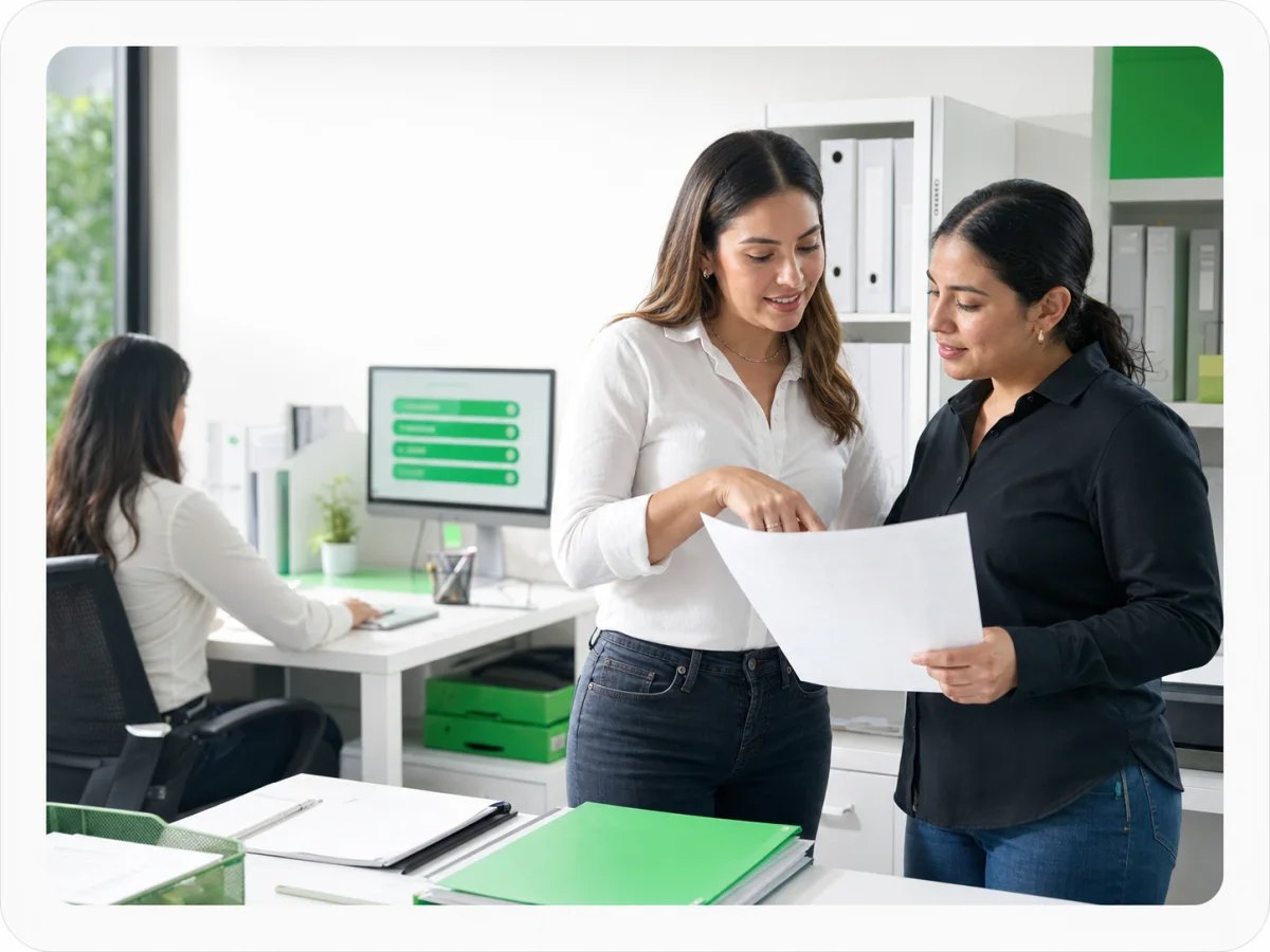 Dos personas revisando documentos en una oficina ordenada