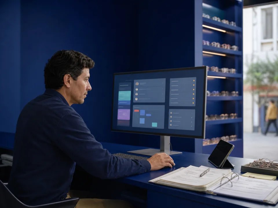 Persona trabajando frente a un monitor con paneles de datos, en un escritorio azul