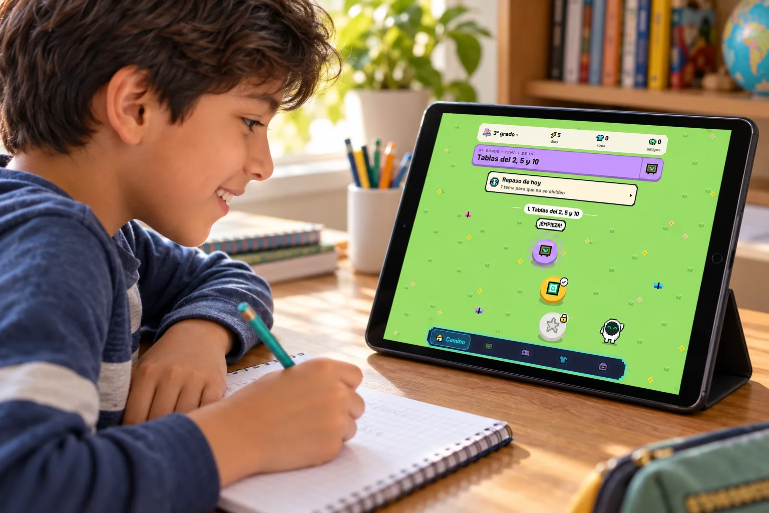 Niño haciendo la tarea mientras sigue en un iPad el camino de temas y el repaso de hoy de Spacecols