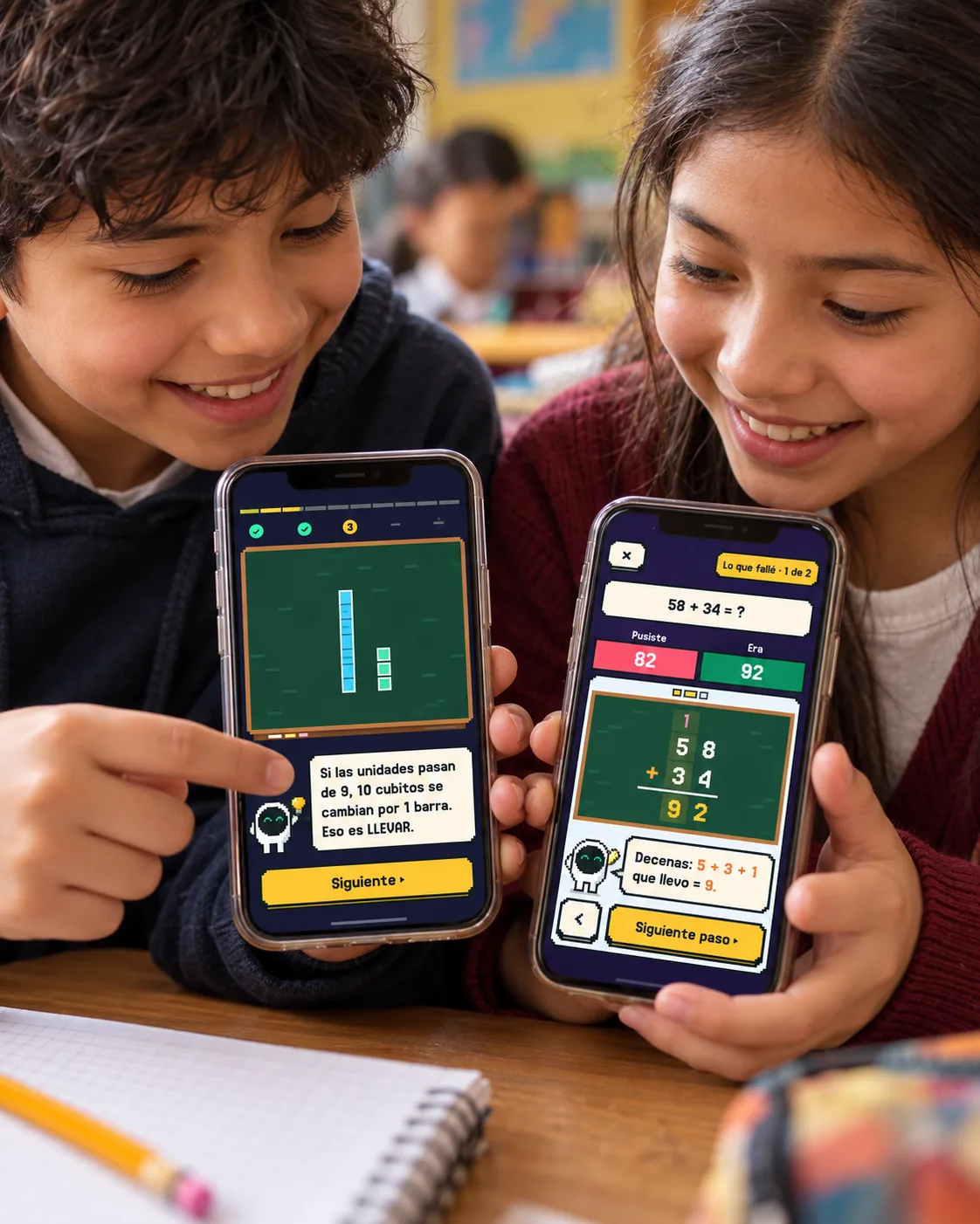 Dos niños comparan en sus iPhones una clase de Bitri en la pizarra y la corrección paso a paso de 58 + 34